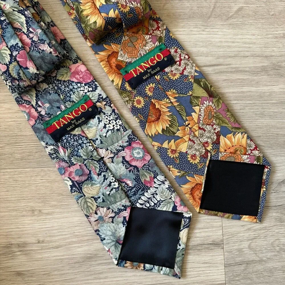 Vintage Y2K Tango Max Raab Woven Cotton Floral Print Ties (2) Made in USA